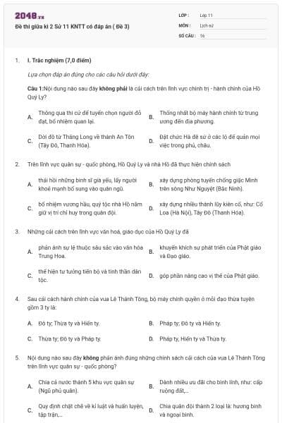 Đề thi giữa kì 2 Sử 11 KNTT có đáp án ( Đề 3)