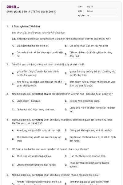 Đề thi giữa kì 2 Sử 11 CTST có đáp án ( Đề 1)