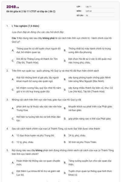 Đề thi giữa kì 2 Sử 11 CTST có đáp án ( Đề 2)