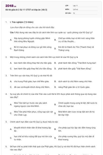 Đề thi giữa kì 2 Sử 11 CTST có đáp án ( Đề 3)