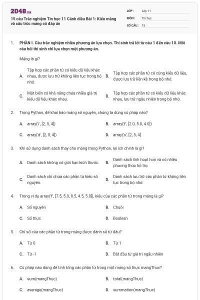 15 câu Trắc nghiệm Tin học 11 Cánh diều Bài 1: Kiểu mảng và cấu trúc mảng có đáp án