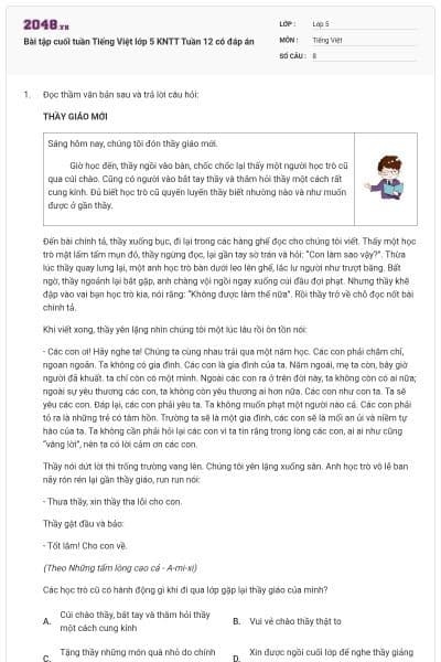 Bài tập cuối tuần Tiếng Việt lớp 5 KNTT Tuần 12 có đáp án