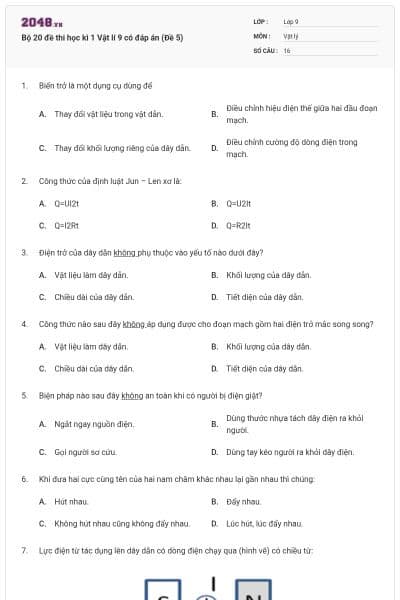 Bộ 20 đề thi học kì 1 Vật lí 9 có đáp án (Đề 5)