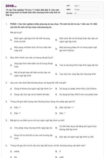 15 câu Trắc nghiệm Tin học 11 Cánh diều Bài 4: Làm mịn dần từng bước từ thuật toán đến chương trình máy tính có đáp án