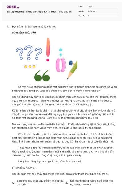 Bài tập cuối tuần Tiếng Việt lớp 5 KNTT Tuần 14 có đáp án