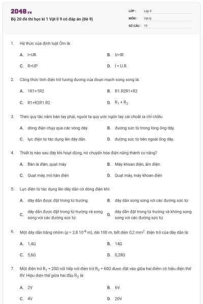 Bộ 20 đề thi học kì 1 Vật lí 9 có đáp án (Đề 9)