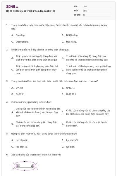 Bộ 20 đề thi học kì 1 Vật lí 9 có đáp án (Đề 10)
