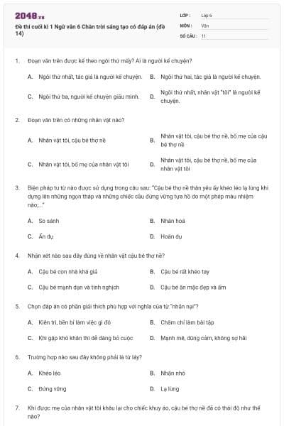 Đề thi cuối kì 1 Ngữ văn 6 Chân trời sáng tạo có đáp án (đề 14)