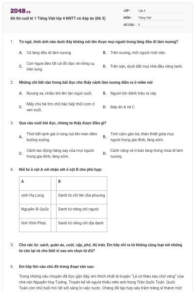 Đề thi cuối kì 1 Tiếng Việt lớp 4 KNTT có đáp án (Đề 3)