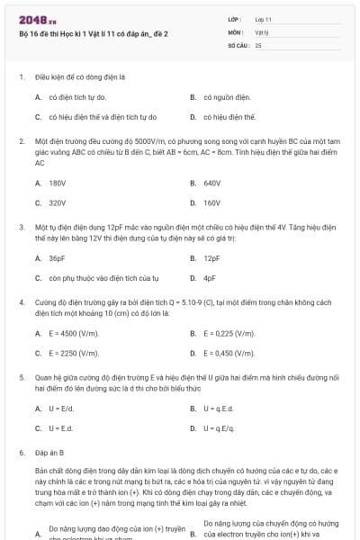 Bộ 16 đề thi Học kì 1 Vật lí 11 có đáp án_ đề 2