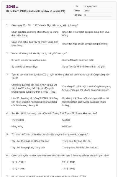 Đề thi thử THPTQG môn Lịch Sử cực hay có lời giải (P4)