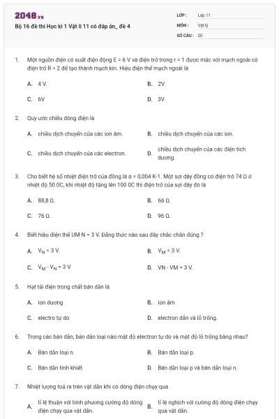 Bộ 16 đề thi Học kì 1 Vật lí 11 có đáp án_ đề 4