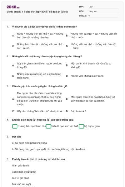 Đề thi cuối kì 1 Tiếng Việt lớp 4 KNTT có đáp án (Đề 5)