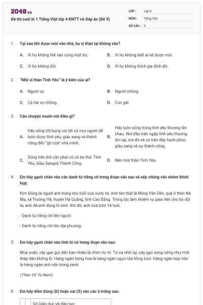 Đề thi cuối kì 1 Tiếng Việt lớp 4 KNTT có đáp án (Đề 9)
