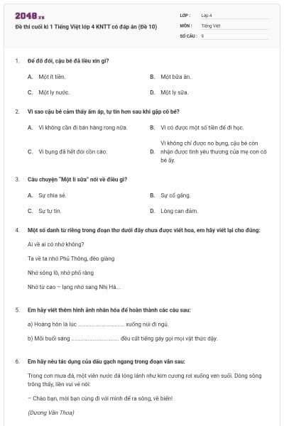 Đề thi cuối kì 1 Tiếng Việt lớp 4 KNTT có đáp án (Đề 10)