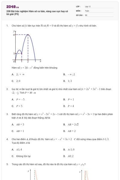 208 Bài trắc nghiệm Hàm số cơ bản, nâng cao cực hay có lời giải (P5)