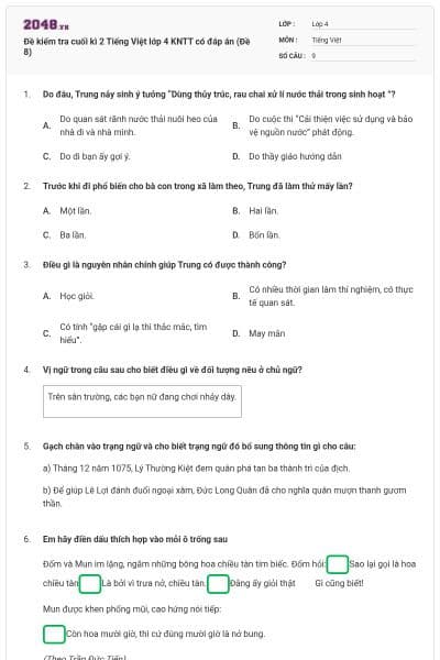 Đề kiểm tra cuối kì 2 Tiếng Việt lớp 4 KNTT có đáp án (Đề 8)