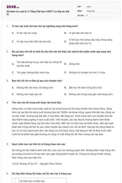 Đề kiểm tra cuối kì 2 Tiếng Việt lớp 4 KNTT có đáp án (Đề 9)