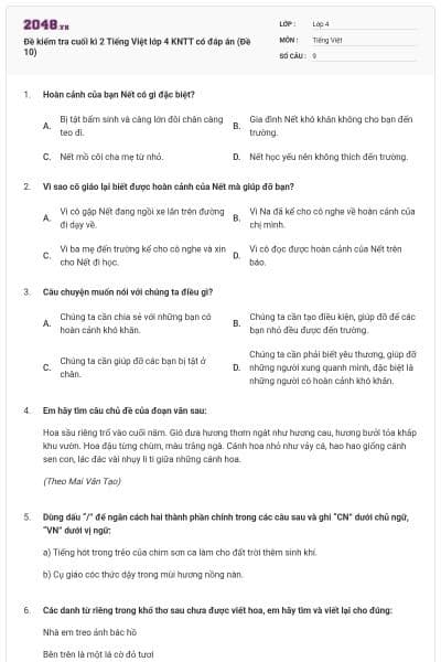 Đề kiểm tra cuối kì 2 Tiếng Việt lớp 4 KNTT có đáp án (Đề 10)