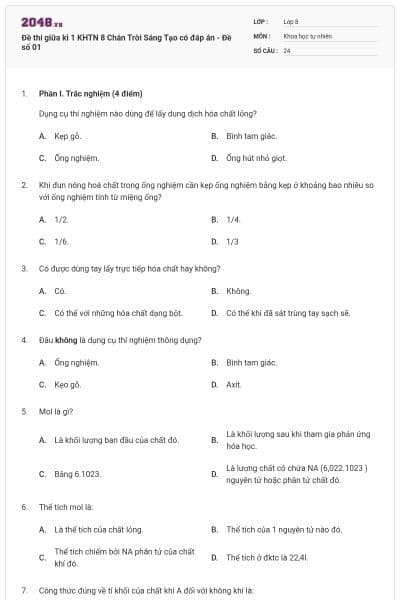Đề thi giữa kì 1 KHTN 8 Chân Trời Sáng Tạo có đáp án - Đề số 01
