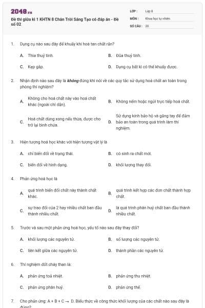 Đề thi giữa kì 1 KHTN 8 Chân Trời Sáng Tạo có đáp án - Đề số 02