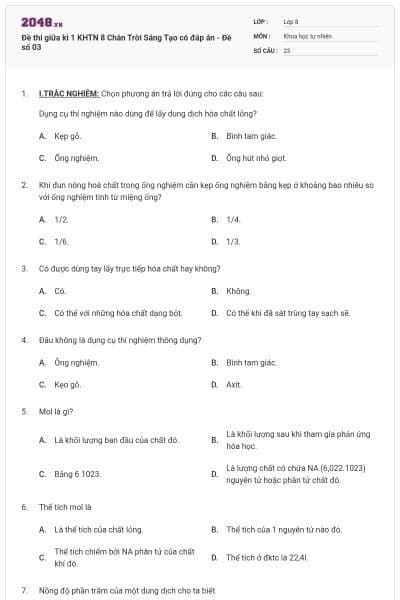 Đề thi giữa kì 1 KHTN 8 Chân Trời Sáng Tạo có đáp án - Đề số 03