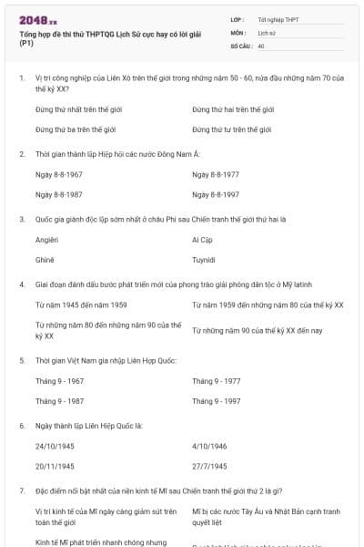 Tổng hợp đề thi thử THPTQG Lịch Sử cực hay có lời giải (P1)