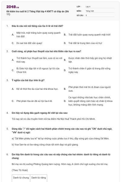 Đề kiểm tra cuối kì 2 Tiếng Việt lớp 4 KNTT có đáp án (Đề 11)