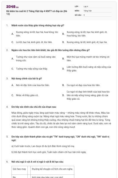 Đề kiểm tra cuối kì 2 Tiếng Việt lớp 4 KNTT có đáp án (Đề 12)
