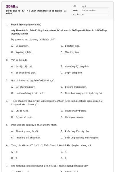Đề thi giữa kì 1 KHTN 8 Chân Trời Sáng Tạo có đáp án - Đề số 04