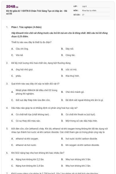 Đề thi giữa kì 1 KHTN 8 Chân Trời Sáng Tạo có đáp án - Đề số 05