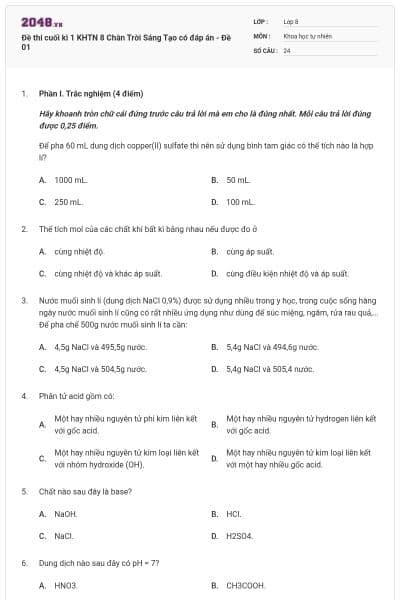 Đề thi cuối kì 1 KHTN 8 Chân Trời Sáng Tạo có đáp án - Đề 01