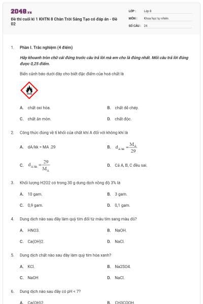 Đề thi cuối kì 1 KHTN 8 Chân Trời Sáng Tạo có đáp án - Đề 02