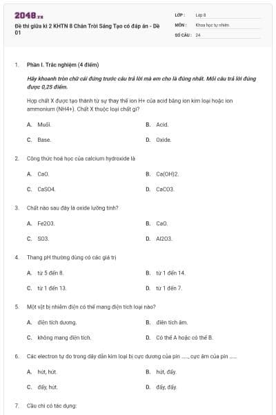 Đề thi giữa kì 2 KHTN 8 Chân Trời Sáng Tạo có đáp án - Dề 01