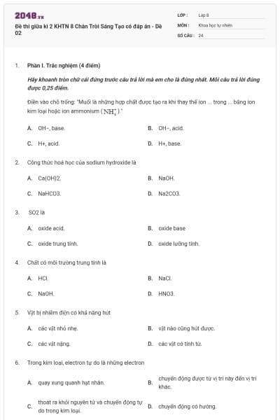 Đề thi giữa kì 2 KHTN 8 Chân Trời Sáng Tạo có đáp án - Dề 02