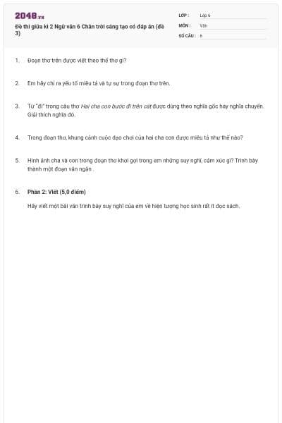 Đề thi giữa kì 2 Ngữ văn 6 Chân trời sáng tạo có đáp án (đề 3)
