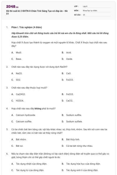 Đề thi cuối kì 2 KHTN 8 Chân Trời Sáng Tạo có đáp án - Đề 01