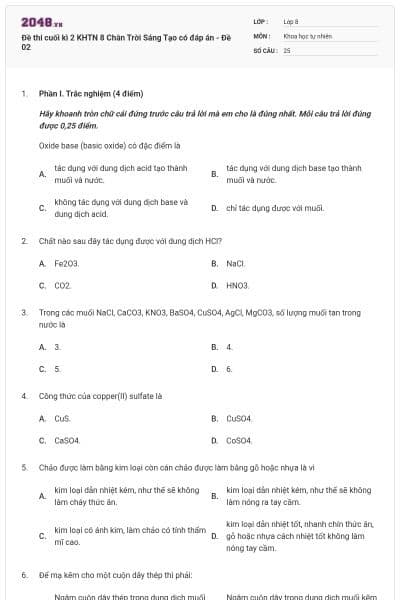 Đề thi cuối kì 2 KHTN 8 Chân Trời Sáng Tạo có đáp án - Đề 02