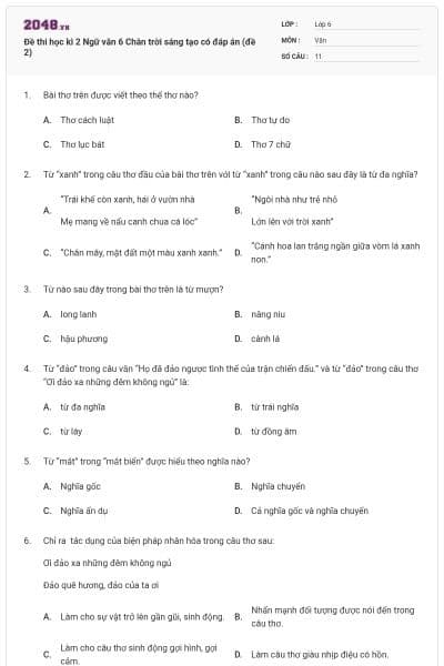 Đề thi học kì 2 Ngữ văn 6 Chân trời sáng tạo có đáp án (đề 2)