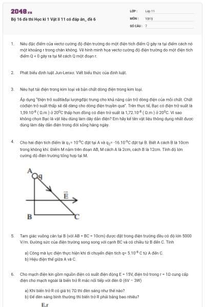 Bộ 16 đề thi Học kì 1 Vật lí 11 có đáp án_ đề 6