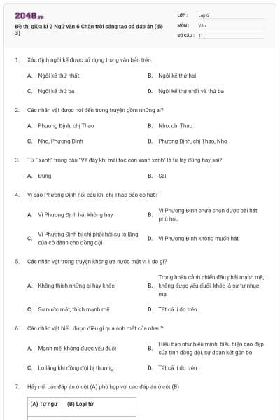 Đề thi giữa kì 2 Ngữ văn 6 Chân trời sáng tạo có đáp án (đề 3)