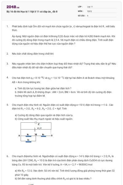 Bộ 16 đề thi Học kì 1 Vật lí 11 có đáp án_ đề 8
