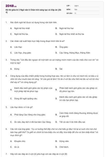 Đề thi giữa kì 2 Ngữ văn 6 Chân trời sáng tạo có đáp án (đề 4)