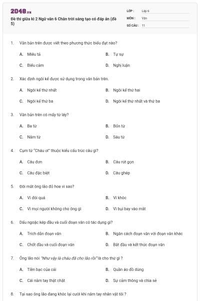 Đề thi giữa kì 2 Ngữ văn 6 Chân trời sáng tạo có đáp án (đề 5)