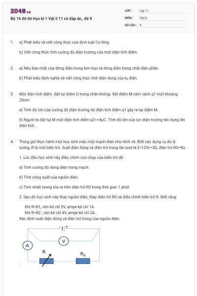 Bộ 16 đề thi Học kì 1 Vật lí 11 có đáp án_ đề 9