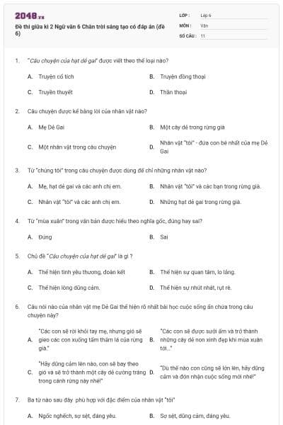 Đề thi giữa kì 2 Ngữ văn 6 Chân trời sáng tạo có đáp án (đề 6)