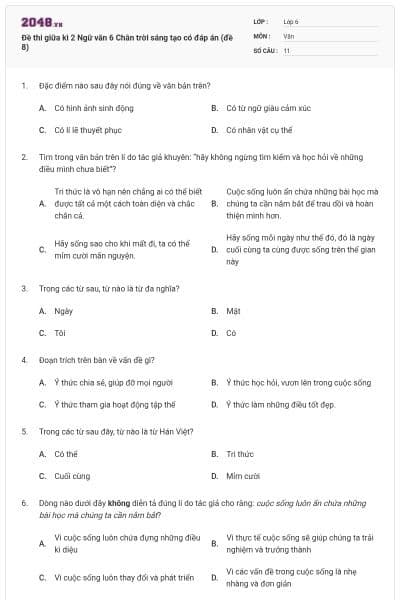 Đề thi giữa kì 2 Ngữ văn 6 Chân trời sáng tạo có đáp án (đề 8)