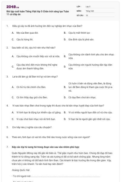 Bài tập cuối tuần Tiếng Việt lớp 5 Chân trời sáng tạo Tuần 11 có đáp án