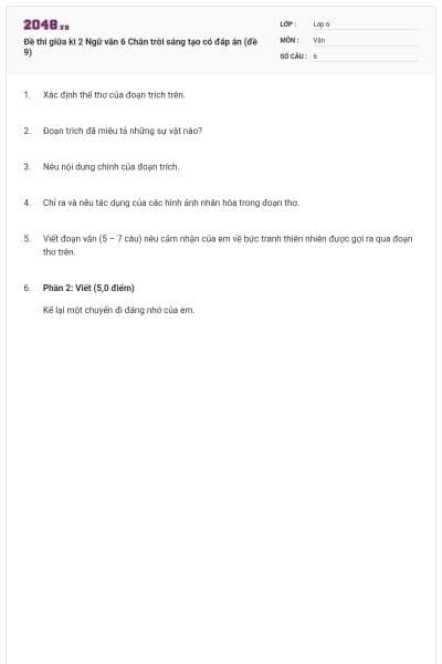Đề thi giữa kì 2 Ngữ văn 6 Chân trời sáng tạo có đáp án (đề 9)