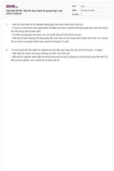 Giải SGK KHTN 7 Bài 20: thực hành về quang hợp ở cây xanh có đáp án